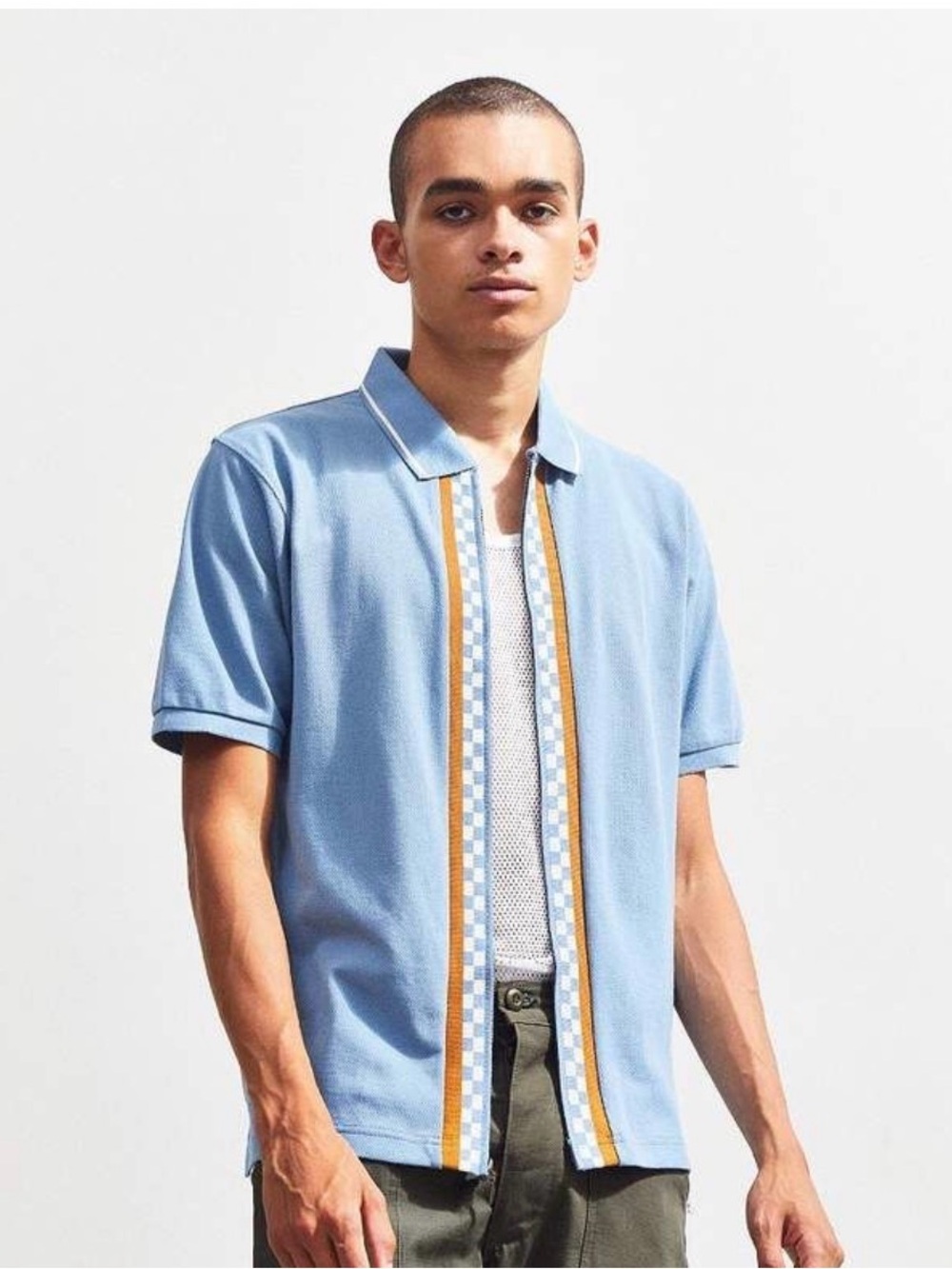 Stussy Blue Short-Sleeve Button-Up Polo with Checker & Brown Stripe